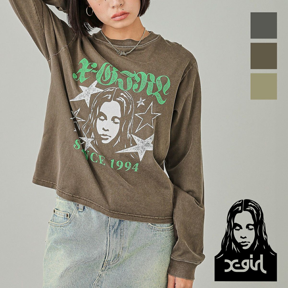 X-girl エックスガール 】 STAR AND FACE LOGO FADED L/S TEE スター